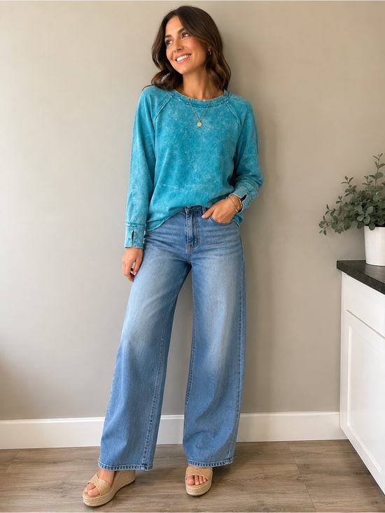 Zenana Outfitters Tops - Zenana Mineral Washed Teal Raglan Long-Sleeve Pullover Raw Hem